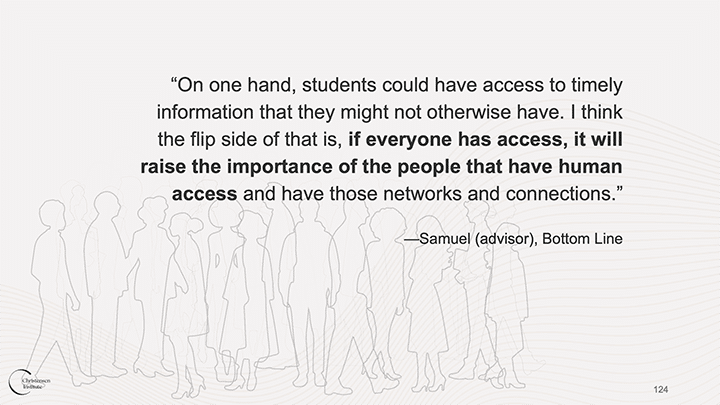 Quote slide that reads: "On one hand, students could have access to timely information that they might not otherwise have. I think the flip side of that is, If everyone has access, it will raise the importance of the people that have human access and have those networks and connections." Samuel (advisor), Bottom Line